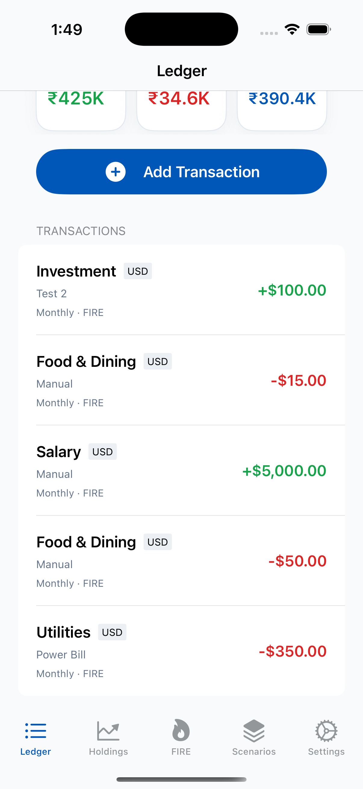 LumaV light theme ledger screen