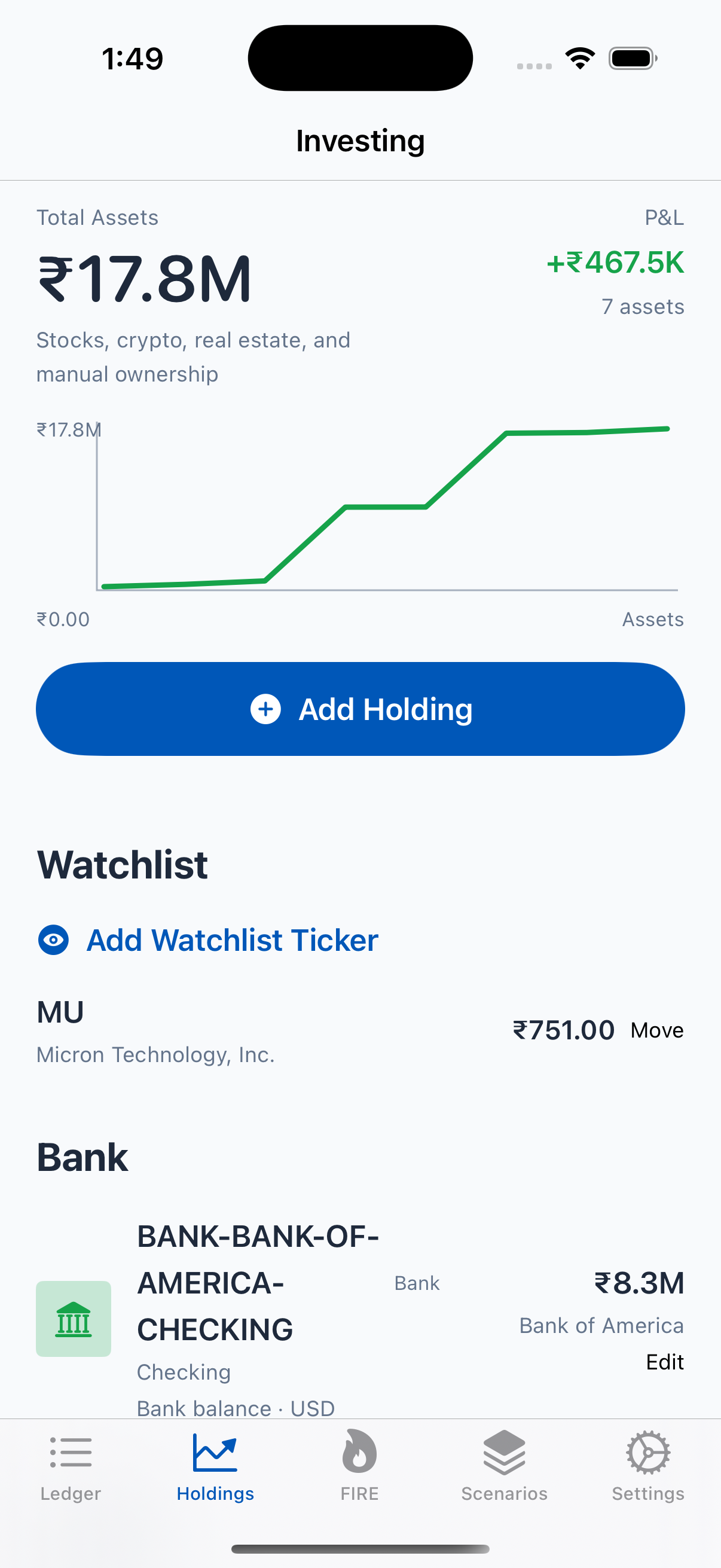 LumaV light theme holdings screen
