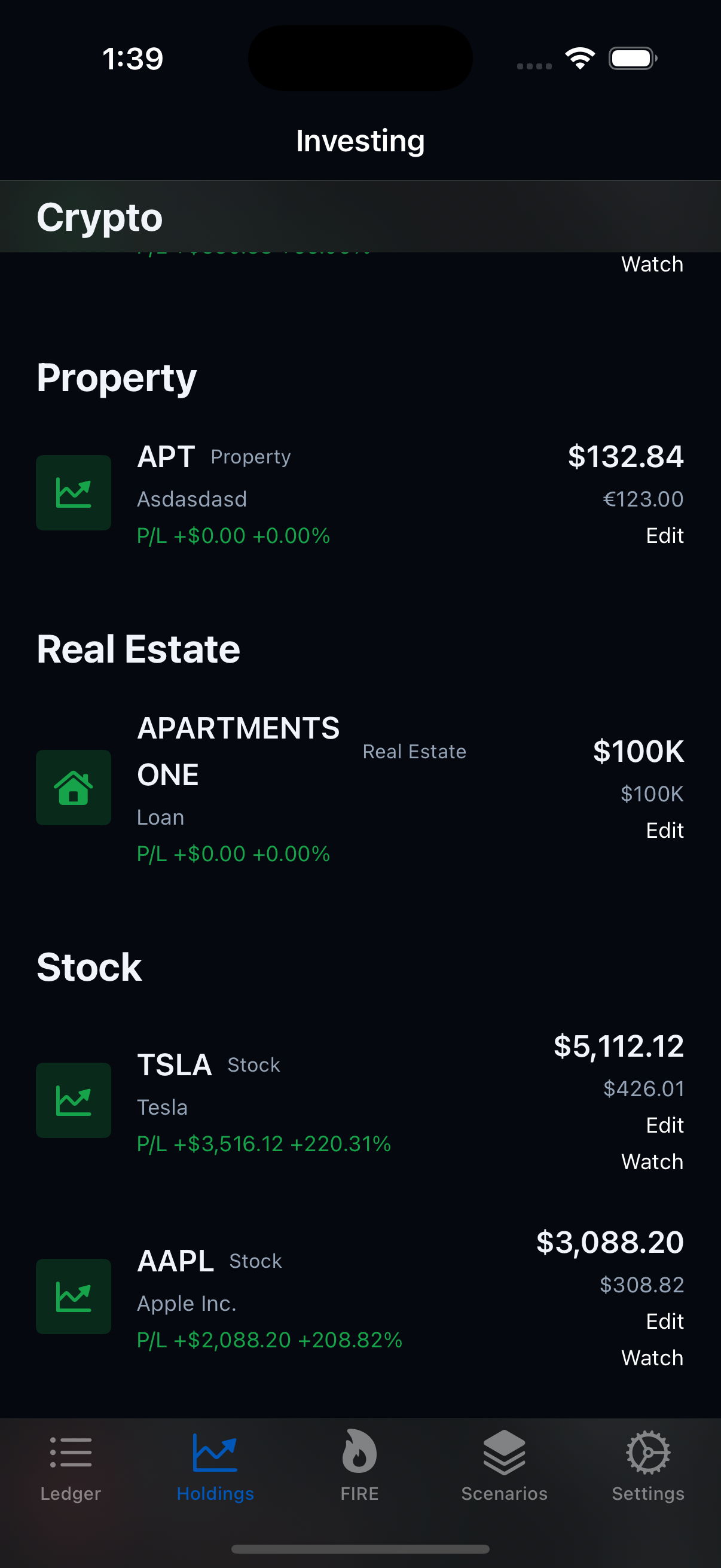 LumaV dark theme holdings screen