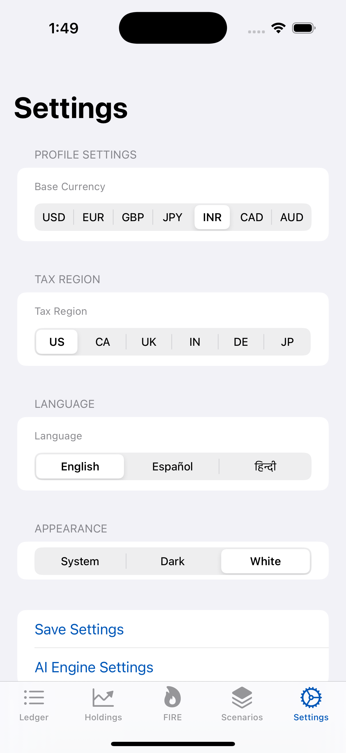 LumaV light theme settings screen