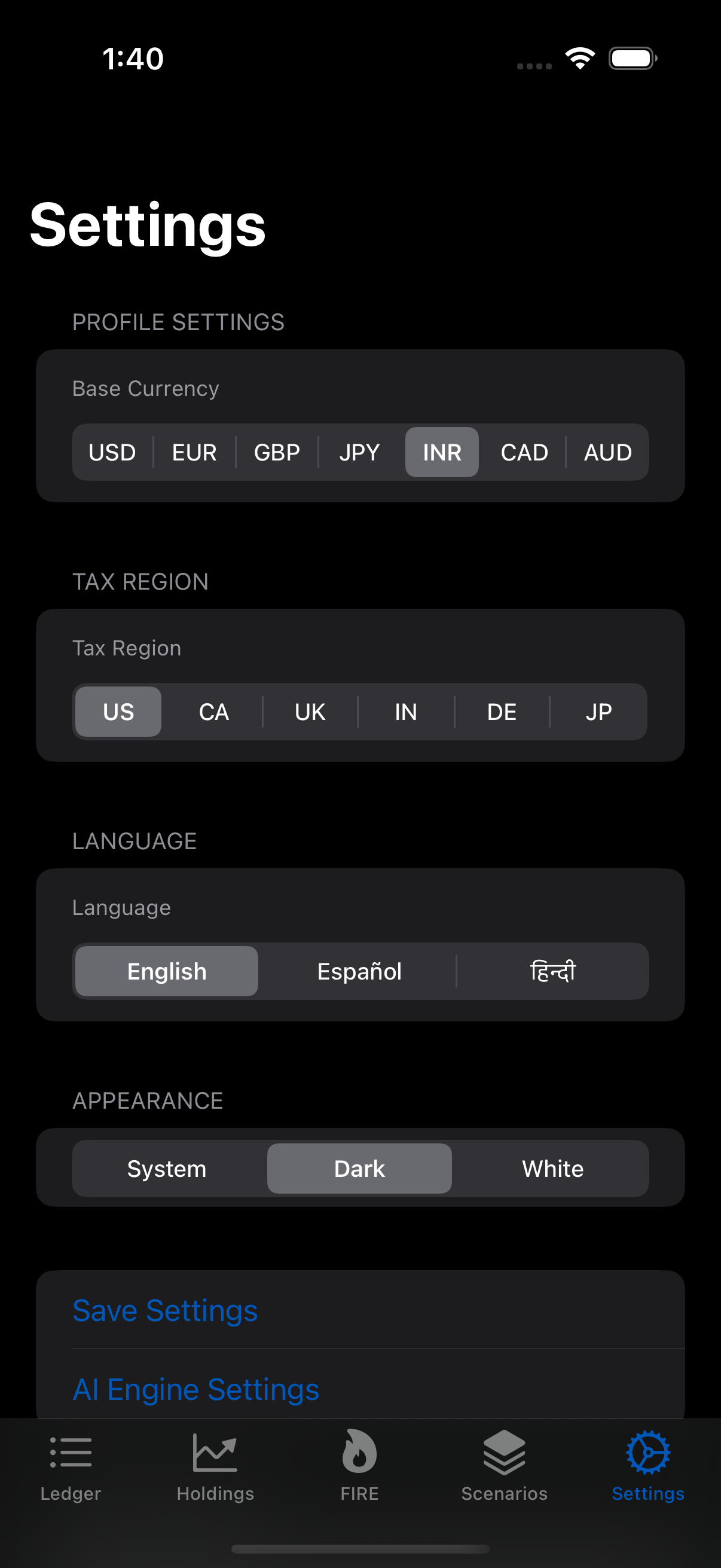 LumaV dark theme settings screen